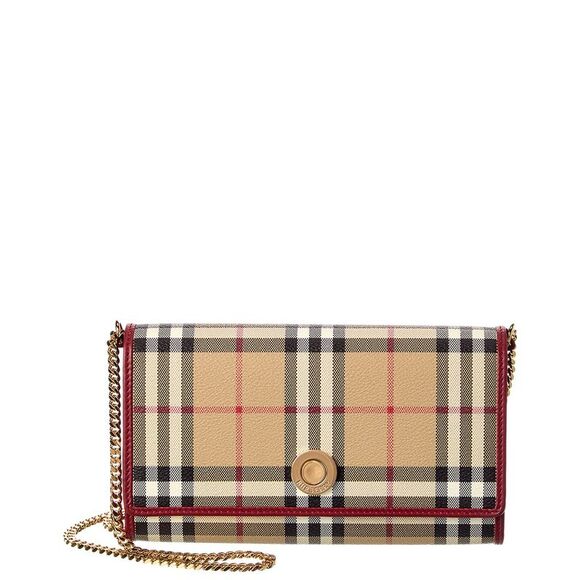 Burberry Check E-Canvas & Leather Wallet On Chain Beige